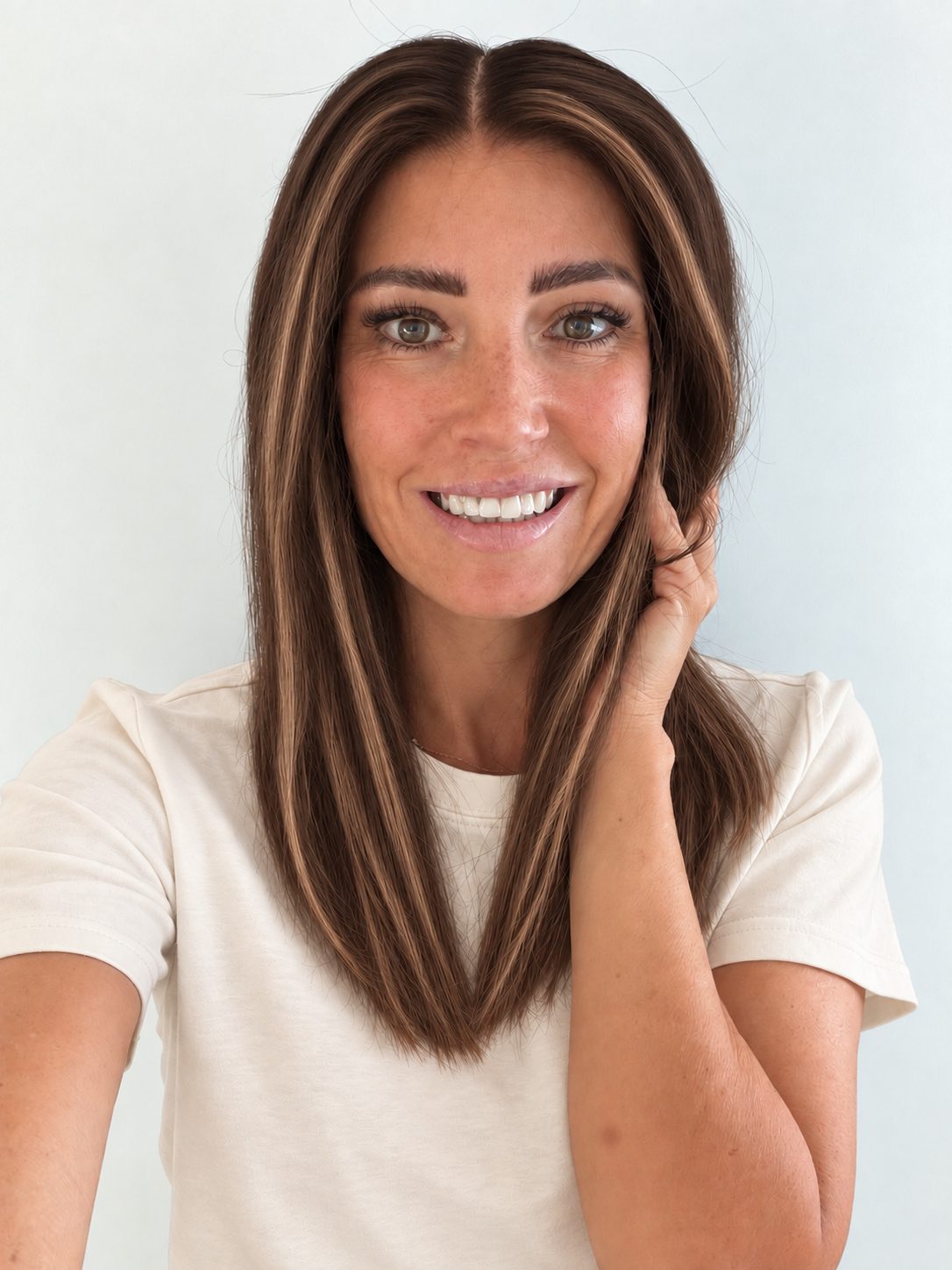 Bronzed Caramel 16-inch layered straight wig in brunette caramel balayage, front view