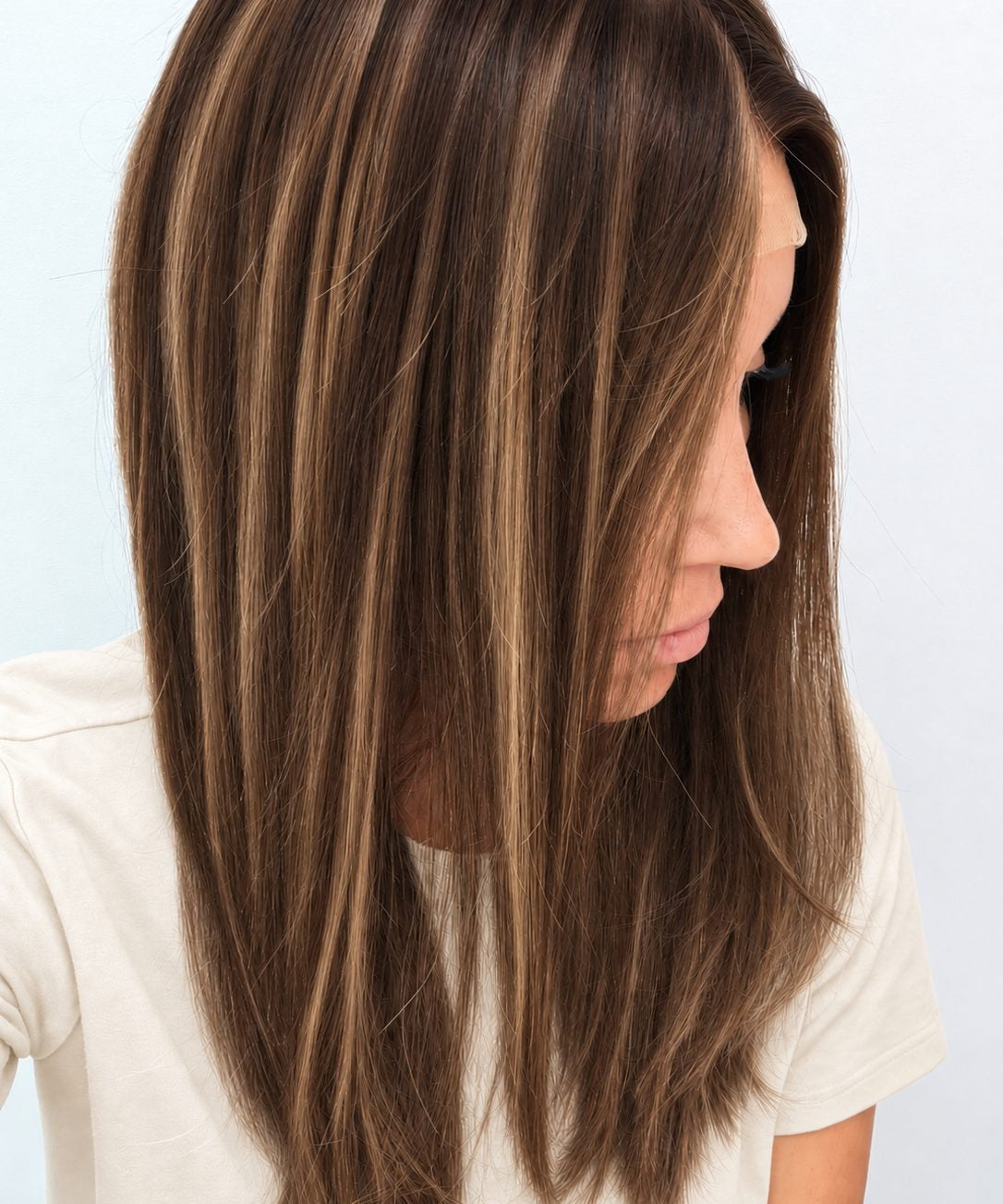Bronzed Caramel 18-inch layered straight wig in brunette caramel balayage, side view showing the hairline