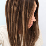 Bronzed Caramel 18-inch layered straight wig in brunette caramel balayage, side view showing the hairline