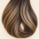 Bronzed Caramel human hair wig colour swatch in rich brunette with bronzed caramel highlights