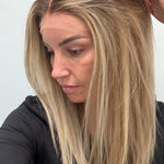 Champagne Melt 18-inch straight wig in rooted champagne blonde balayage, side view showing the hairline