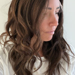 Cinnamon Spice 18-inch wavy wig in warm chocolate brown, side view showing the hairline