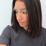 Espresso 12-inch straight wig in dark brown, side view showing the hairline