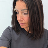 Espresso 12-inch straight wig in dark brown, side view showing the hairline