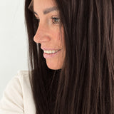 Espresso 16-inch layered straight wig in dark brown, side view showing the hairline