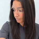Espresso 16-inch straight wig in dark brown, side view showing the hairline