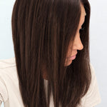 Espresso 18-inch layered straight wig in dark brown, side view showing the hairline