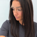 Espresso 20-inch straight wig in dark brown, side view showing the hairline