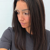 Espresso 20-inch straight wig in dark brown, side view showing the hairline