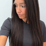 Espresso 22-inch straight wig in dark brown, side view showing the hairline