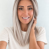 Nordic Pearl 16-inch layered straight wig in rooted platinum blonde, front view