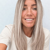 Nordic Pearl 18-inch layered straight wig in rooted platinum blonde, front view