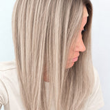 Nordic Pearl 18-inch layered straight wig in rooted platinum blonde, side view showing the hairline