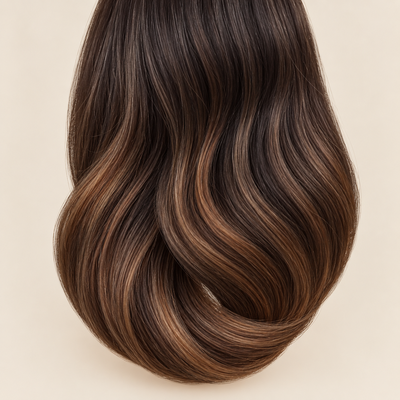 Spiced Caramel Balayage human hair wig colour swatch in brunette with spiced red caramel balayage