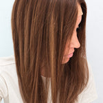 Spiced Red Caramel Balayage 18-inch layered straight wig in red-caramel balayage, side view showing the hairline