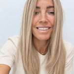 Vanilla Sand 18-inch layered straight wig in rooted beige blonde, front view
