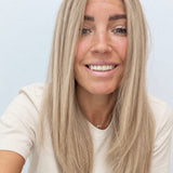 Vanilla Sand 18-inch layered straight wig in rooted beige blonde, front view