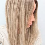 Vanilla Sand 18-inch layered straight wig in rooted beige blonde, side view showing the hairline